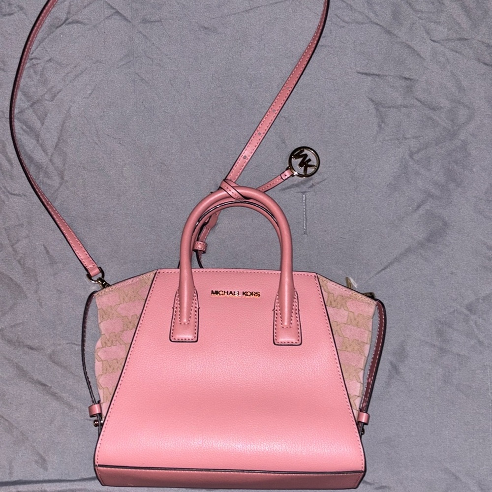 Michael Kors Avril Small Rose Leather Suede Top Zip Satchel Crossbody Handbag